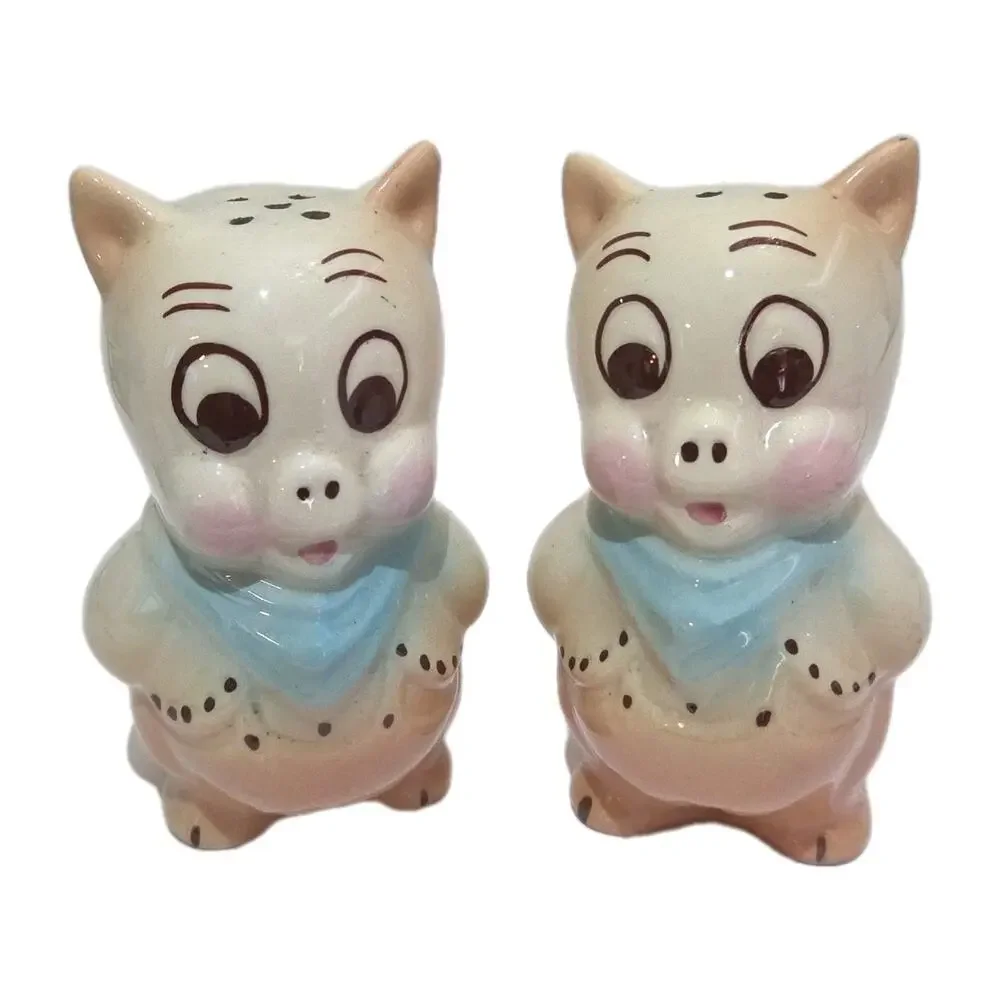 MCM Pig Salt & Pepper Shakers Blue Bandana Scarf Kitsch Anthropomorphic Ceramic